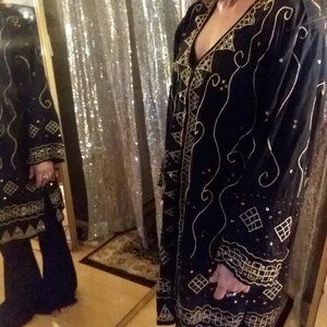 BOHO Festival Vintage Black Gold Sequined Light Jacket S-M New